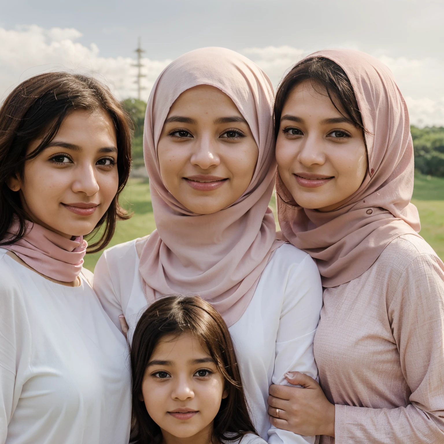 happy muslim mom in pink and husband in white plus two younger daughter 7 and 4 years old and one 10 years old eldest son in a serene landcape background anime high quality face