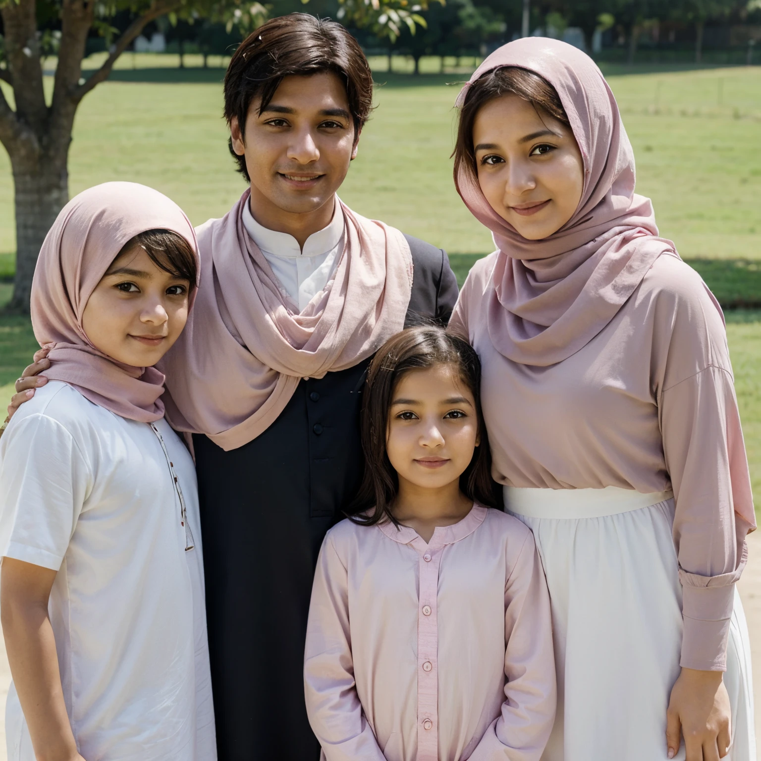 happy muslim mom in pink and husband in white plus two younger daughter 7 and 4 and one 10 years on in a serene landcape background anime high quality face