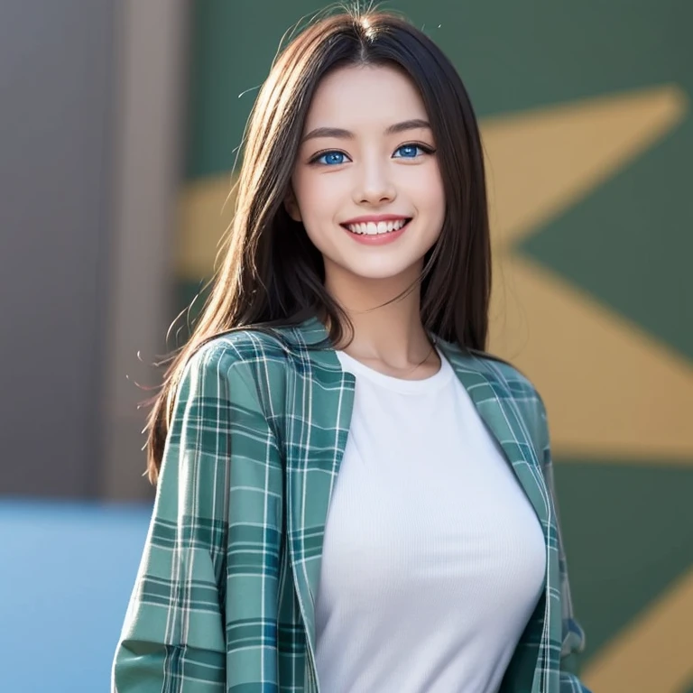 ((eBlue eyes)),Beutiful women,Long gray hair,Toothy smile,whitet-shirt,((green check jacket)),((blue backdrop))
