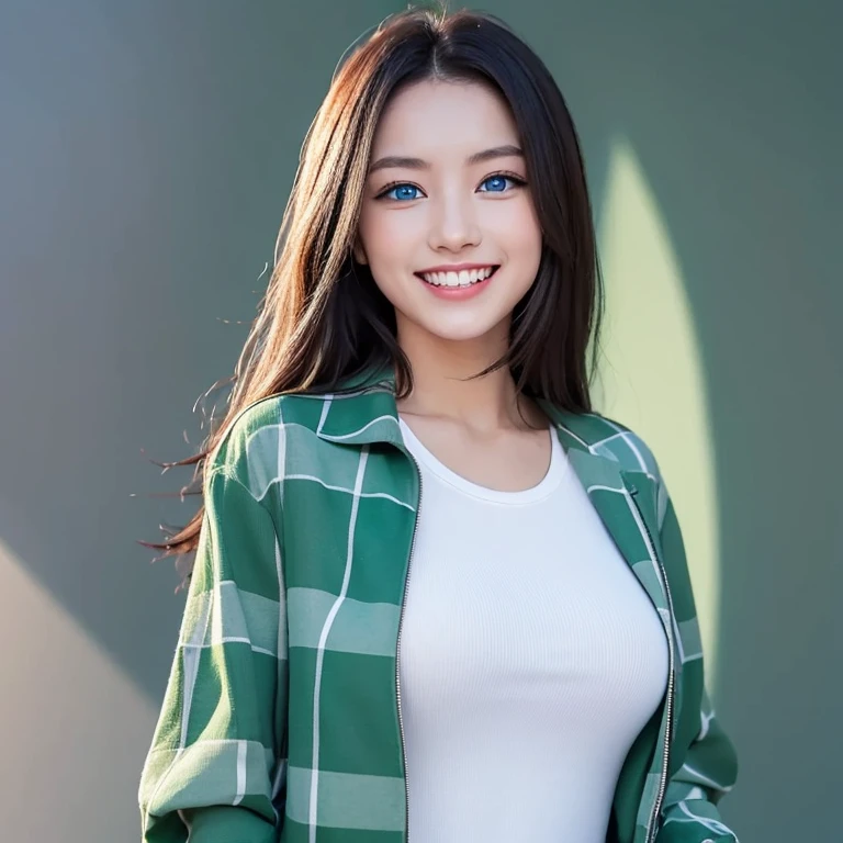 ((eBlue eyes))，Beutiful women，Long gray hair，Toothy smile，whitet-shirt，((green check jacket)),((blue backdrop))