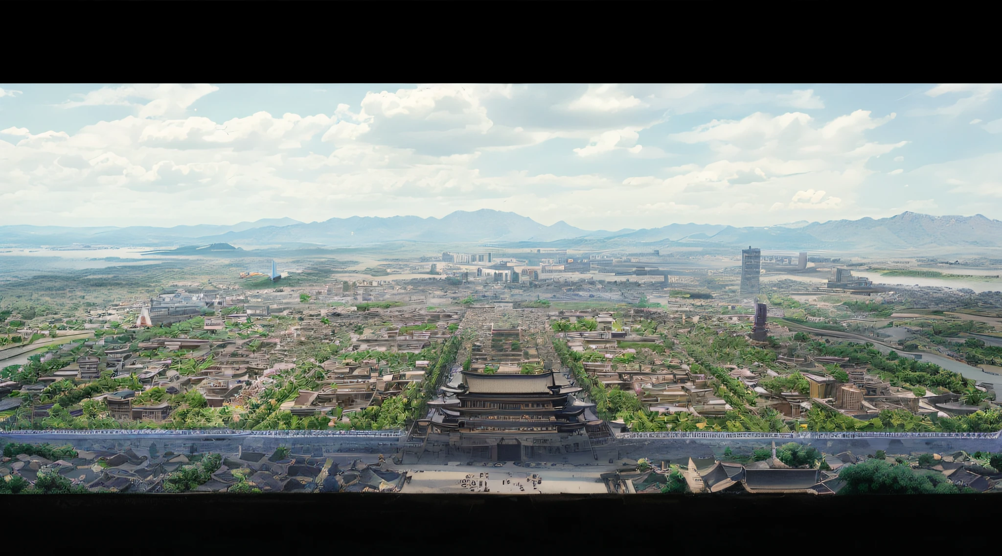 There is a photo of the city from above, Highly detailed matte painting, Beautiful renderings of the Tang Dynasty, hyperdetailed 3d matte painting, hyperdetailed 3d matte painting, hyperdetailed matte painting, Detailed matte painting, Detailed matte painting, high quality matte painting, Extremely detailed matte painting, High detail matte painting, 4K matte painting, Chinese Ancient Architecture, palaces, A bustling capital, 电影灯光, Virtual Engine