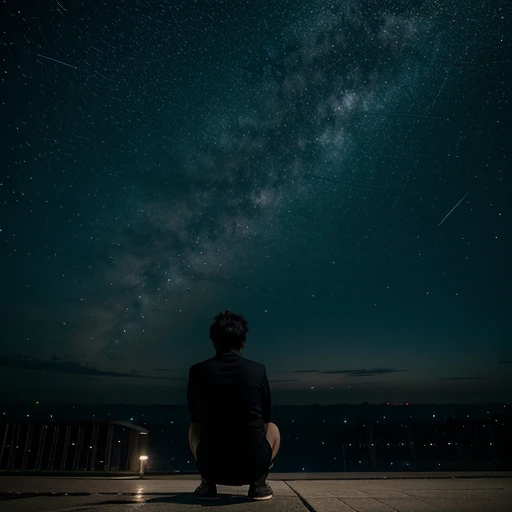 A man holding his knees and looking into the distance。Starry sky。Alone。Bird's perspective。
