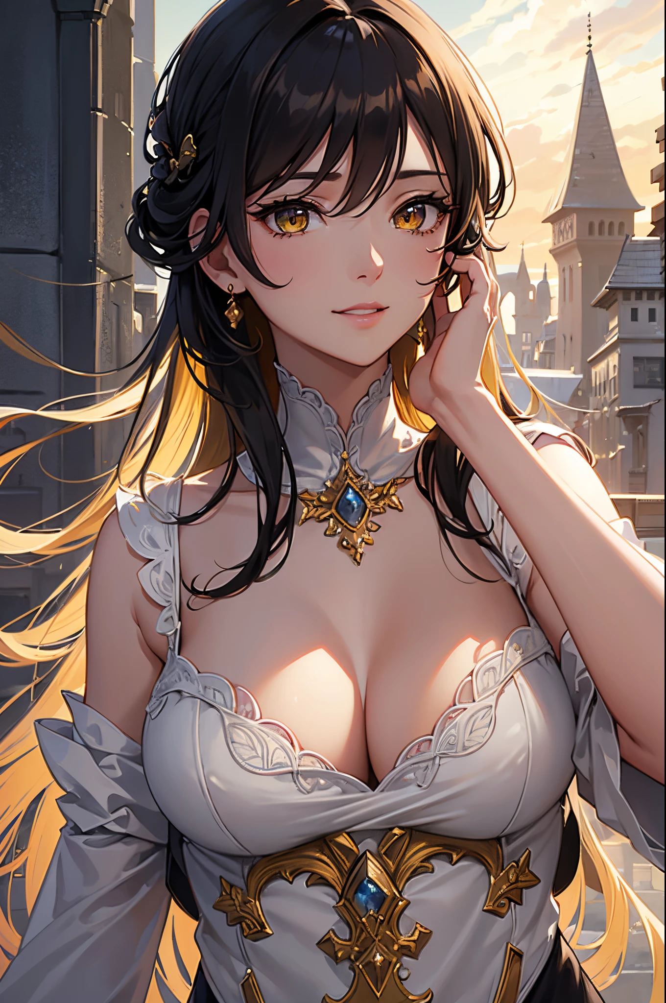 Best Quality,4K,8K,hight resolution,masutepiece:1.2,Ultra-detailed,Ultra-detailed,beatiful detailed eyes,Realistic:1.37,Elegant,Portrait, Sexy, Ethereal Atmosphere, Black hair, Yellow eyes, Flowing hair,wind-swept clothes,Cinematic lighting,Vivid colors,Expressive eyes, Smile, Delicate features,Translucent skin,Fine details,Subtle textures, castle,depth and dimension, cleavage, Sunset