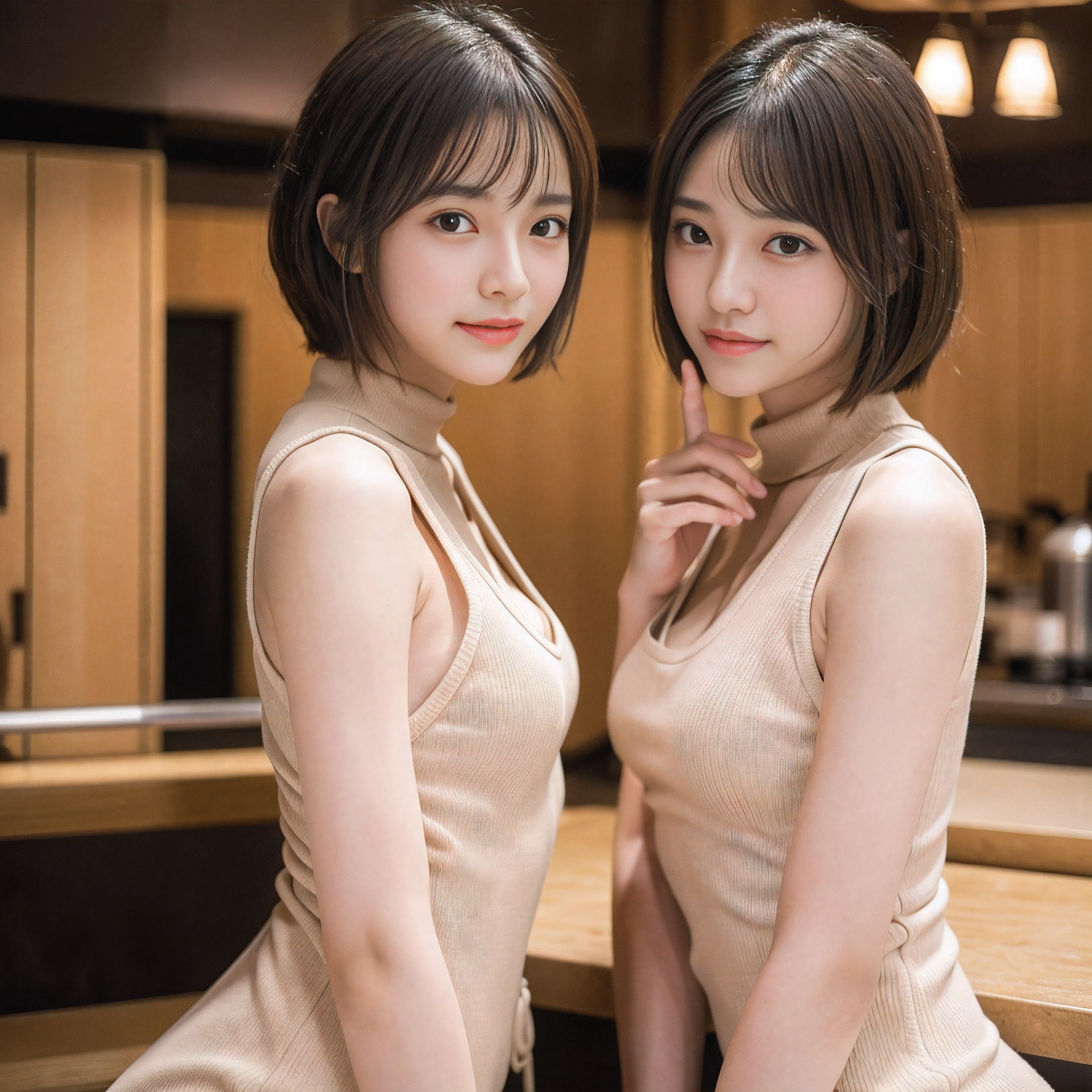 japanaese 2 girls, Drinking beer at the counter of a standing bar.Yakitori and small side dishes are lined up on plates at the counter, (Wearing an tutle-neck oversized knit one-piece), (photoshoot style, Shooting from front, Upperney Statue, body facing forward), 26 years old, (toned body type:1.2, Tall Height 5.35 feet), (normal breast :1.2, Hemispherical chest silhouette:1.2), little smiling, Perorbital swelling, Brown fluffy and wavy short-cut hair, Natural bangs, detailed brown eyes, Detailed finger, Suppin, No Make, (Photorealsitic:1.4), (High-resolution details of human skin texture:1.2, Rough skin:1.2, Uneven skin tone:1.6, Skin texture must be natural:1.1), top-quality, masterpiece, High resolution, Raw photo, natural soft light, Professional Lighting
