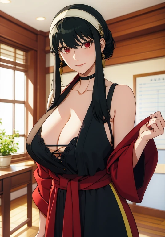 olet, A mature woman,  through bangs, side locks, red eyes, black hair color hair, hair adornments, Huge cleavage，sporty attire, (the face:1.2), female student, ssmile,exposed bare shoulders, black hair color hair, Sakura NS, LOP, (robe:1.21), 鎖骨, Willow branches, (Masterpieces of the highest quality :1.2),