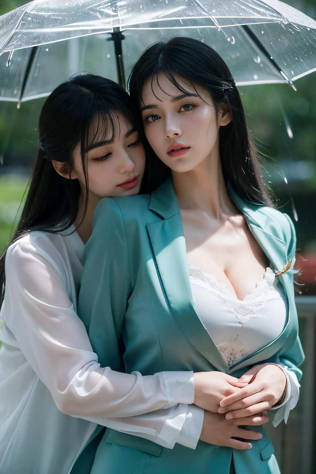 tmasterpiece,Best quality at best,A high resolution,8K,(portrait),(Close up of avatar),(RAW photogr),real photograph,digital photography,(Two hugging women in the workplace),Girls hugging each other,((Face to face hugs)),Beautiful long hair,By bangs,(black and white hair),(green eyes),Serious and charming,A plump chest,cleavage,(The workplace suit),Keep your mouth shut,elegant and charming,serious and arrogant,Calm and handsome,(Female president),Photo pose,(Be drenched with rain),Realistic style,gray world background,oc render reflection texture