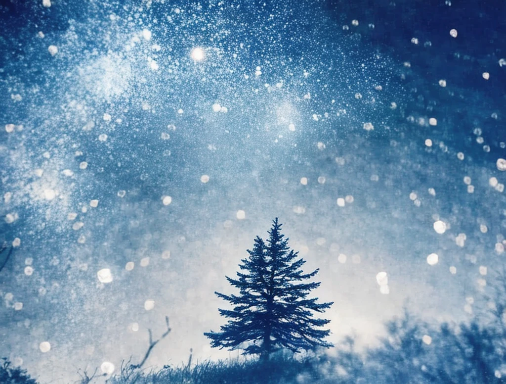 there is a picture of a picture of a tree and some snow, moonlight snowing, snowing, snowfall at night, multiple exposure, raining at night, atmospheric artwork, cyanotype, instant photograph of the sky, lofi album art, ethereal bubbles, raindrops, pinhole photo : dream, blue tint expired film, rinko kawauchi
