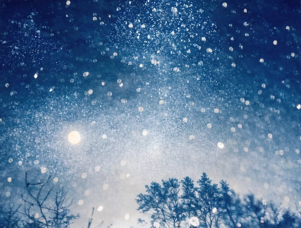 there is a picture of a picture of a tree and some snow, moonlight snowing, snowing, snowfall at night, multiple exposure, raining at night, atmospheric artwork, cyanotype, instant photograph of the sky, lofi album art, ethereal bubbles, raindrops, pinhole photo : dream, blue tint expired film, rinko kawauchi
