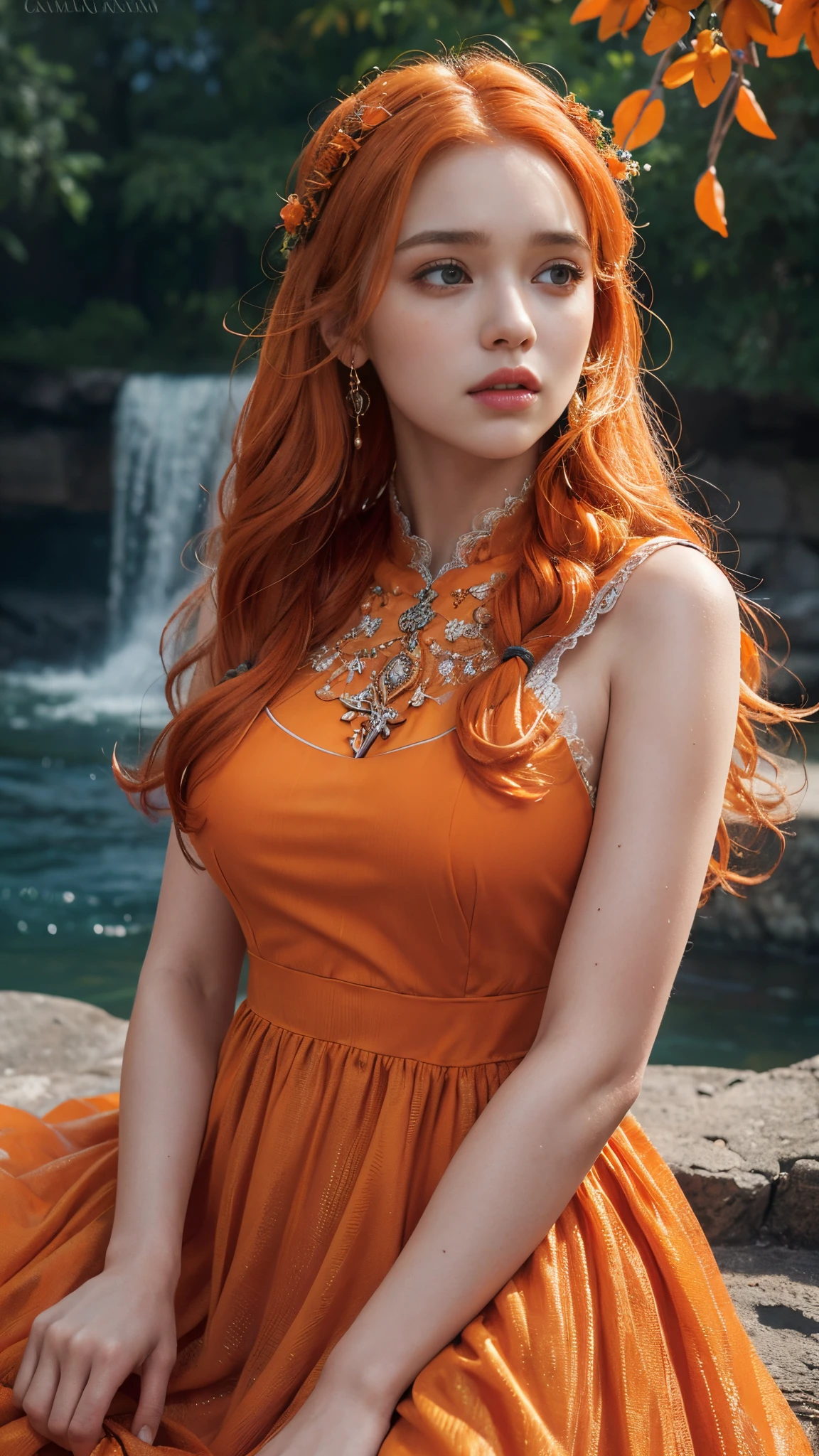 HDR 10, beautiful girl, detailed eyes, detailed lips, very long hair, orange hair, ultra detailed texture, water drops, outdoors, game of thrones, orange heavy dress, (high detailed orange dress:1.5), lace, loops, soft lighting, attractive poses,