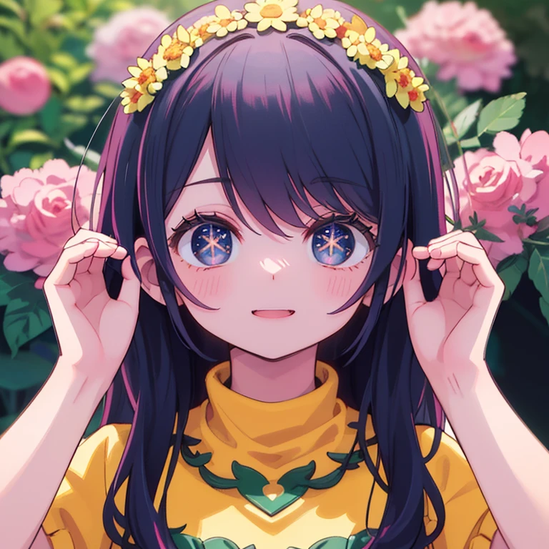 "(best quality,8k),ultra-detailed,portraits,bright colors,cheerful girl with hands up in a striking pose,beautiful detailed eyes, long eyelashes, flower crown,in a vibrant garden setting"