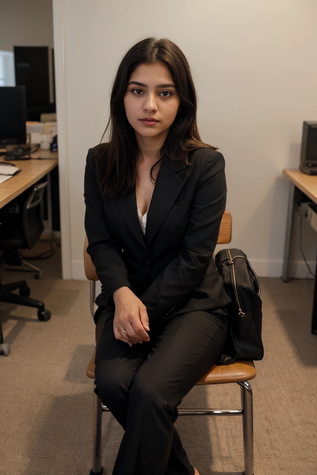 ((best quality)), ((masterpiece)), (detailed), perfect face, fujifilm, 20 years old, office, cute face, indian girl, black suit and blazer, full pants, black hair, black eyes, beautiful, light makeup, sitting on the chair, brown laptop bag in hand, model pose