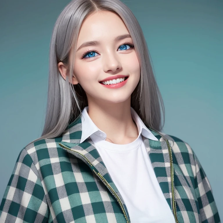 ((eBlue eyes)),Beutiful women,Long gray hair,Toothy smile,whitet-shirt,((green plaid jacket)),((blue backdrop))