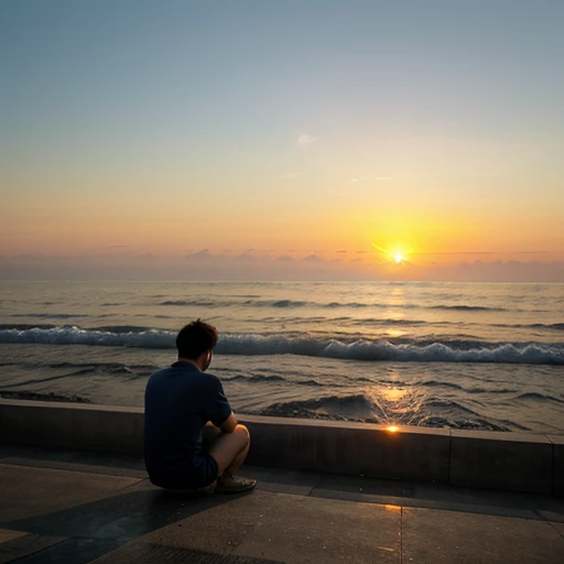 A man sitting holding his knees and looking into the distance。Sunset over the sea。Looks lonely and alone。
