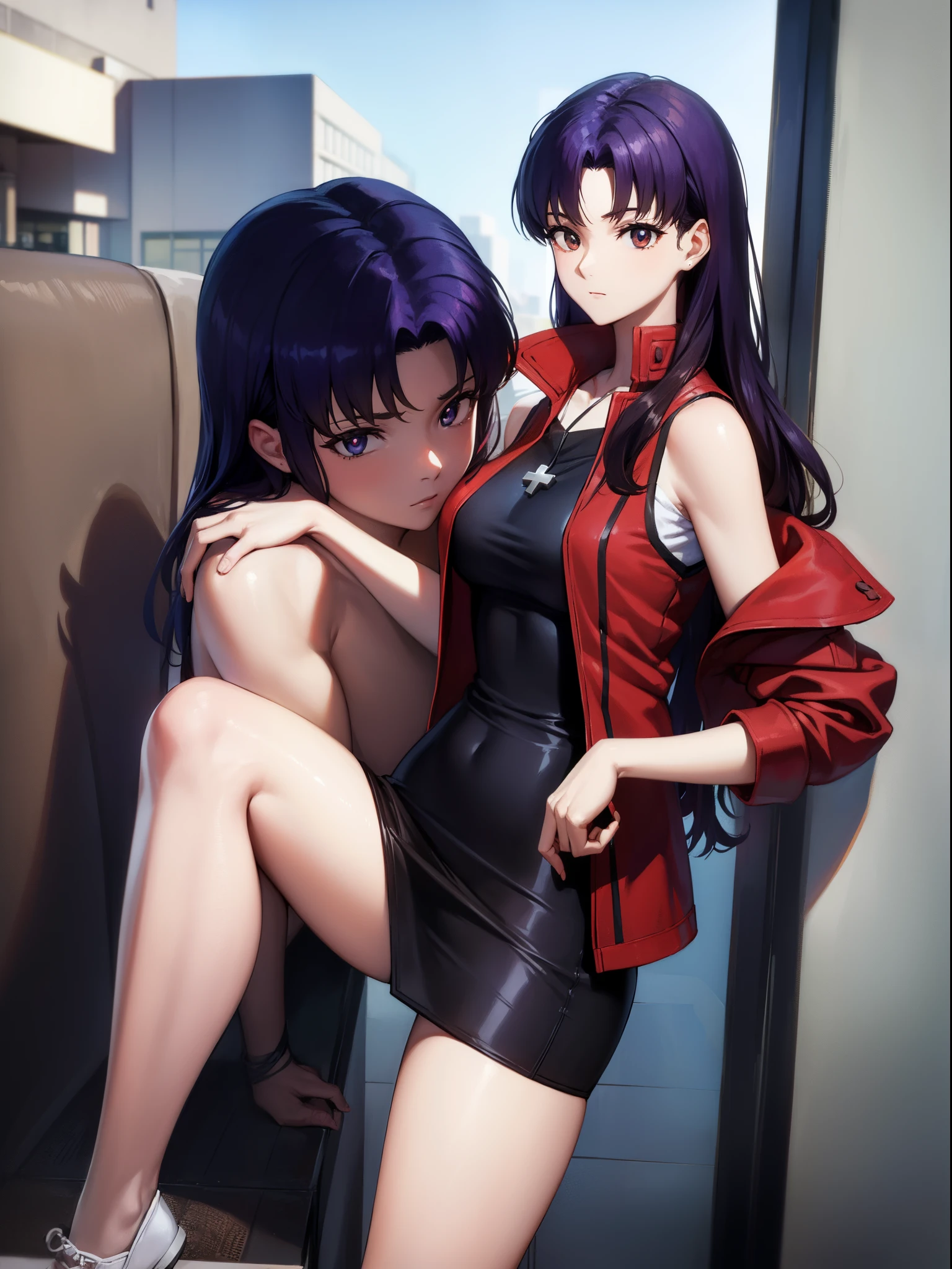 Misato katsuragi, Misato Katsuragi, Long hair, (Brown eyes:1.5), Blue hair, Purple hair,
The break has, Dress,  shoulders, Jewelry, Jacket, earrings, Open your clothes, Sleeveless, Necklace, Black Dress, Open jacket, Sleeveless dress, beret, Short dress, Cross, red headwear, Red jacket, Cross Necklace,
BREAK looking at viewer,
BREAK outdoors, city,
BREAK (masutepiece:1.2), Best Quality, High resolution, Unity 8k壁纸, (Illustration:0.8), (Beautiful detailed eyes:1.6), extra detailed face, Perfect Lighting, extremely details CG, (Perfect hands, Perfect ),