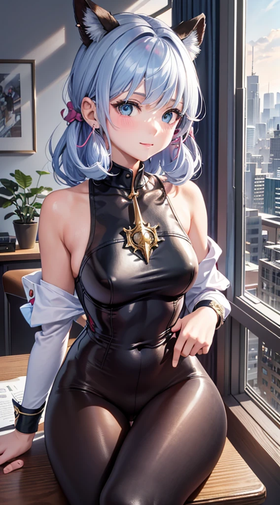 Character Details:, - Gender: 1 Girl. - Style: Anime, - Body Type: Attractive body, slim body, nice legs, slim tights, nice arms. - ((Small Breast)) - Facial Features: Beautiful, Gorgeous, Teenager, Fresh, Young. - Expression: Smile, Pink Blush on Face, Sexy Eyes, Sexy Look, Innocent Look, Tipsy. - Clothing: (Blue Buttoned Shirt), (Black Pants). - Body Pose: Sitting. - Behaviour: Waiting, Want Something, Secretly. - Accessories: Earrings., Environmental Details:, - Setting: Modern Office Room., - Lighting: Natural Light., - Decoration: Modern Office Desk, Chair, Window, White Curtain, City View., pov, anime style, UHD, retina, masterpiece, accurate, anatomically correct, textured