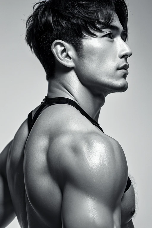 Handsome men,Upper body portrait,black-and-white,,Turning around,Allback,japanes