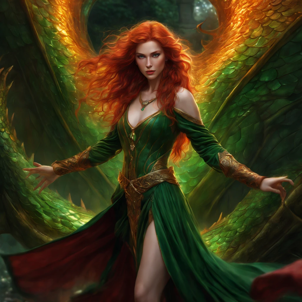 (best quality,4k,8k,highres,masterpiece:1.2),ultra-detailed,(realistic,photorealistic,photo-realistic:1.37),sorceress with green eyes and red hair, with dragon scales,Moebius,Jordan Grimmer,Royo,action painting,golden ratio,dark academia,beautiful detailed eyes,mysterious expression,flowing red hair,magical aura,elaborate robe,glistening dragon scales,spellbinding atmosphere,ethereal background,fantasy setting,enchanted forest,mystical lighting,captivating landscape,powerful stance,fierce magic,spellcasting,dramatic brushstrokes,fluid motion,vibrant colors,rich textures,mythical creature,otherworldly beauty,otherworldly surroundings,epic fantasy artwork