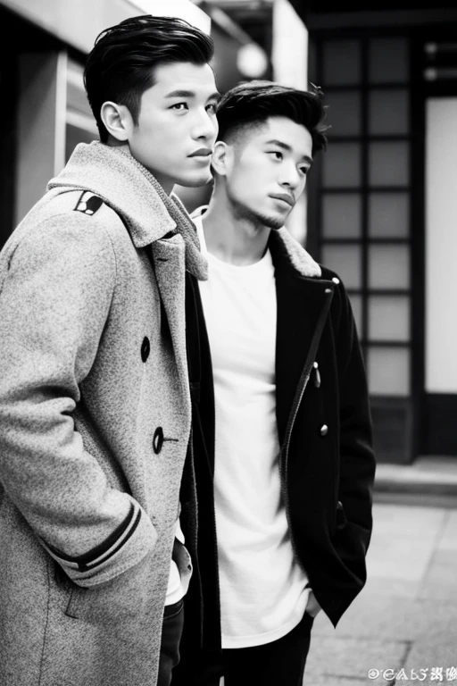 Handsome men,Upper body portrait,black-and-white,,Turning around and looking at us,Allback,japanes,Wearing a coat
