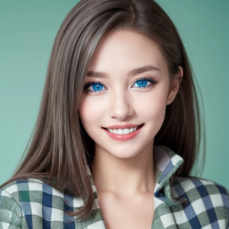 (((eBlue eyes))),((s the perfect face)),Beutiful women,Long gray hair,Toothy smile,whitet-shirt,((green plaid jacket)),((blue backdrop))
