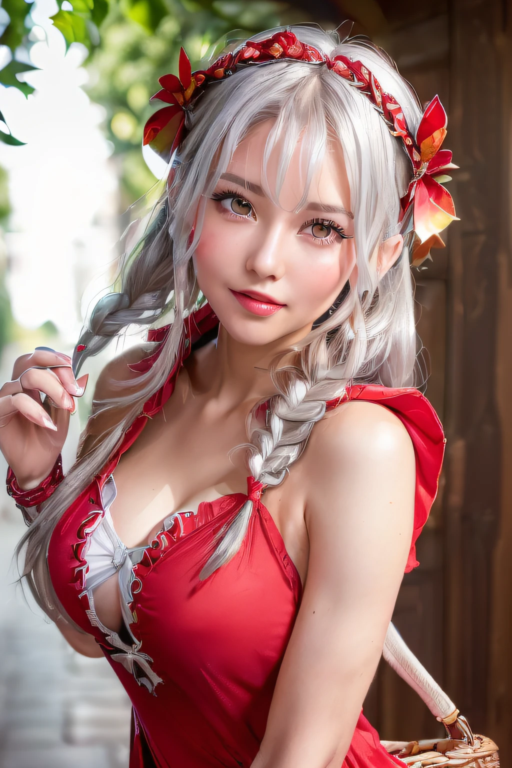(Fantasy style costumes),(Grimm fairy tale world),(Rothkappchen,Little Red Riding Hood,red riding hood:1.3),(farmhouse entrance:1.3),(Wearing a red hood:1.3),(((Red Tunic:1.3))),(((apples and bread in the basket),Cute and beautiful girl,Cute round face,Cute smile,with blush cheeks,Red Lip,(silver white hair,Floral braided headband,half up、Floral Braided Space Van,Voluminous Fishtail Braids,Twisted chignon,),(Bangs are see-through bangs),hair pin,hair adornments,detailed clothes features,Detailed hair features,detailed facial features,(Dynamic angles),(Dynamic and y poses),clothes that emphasize bignematic Light,(masutepiece,top-quality,Ultra-high resolution output image,depth of fields,intricate detailes,Make the subject look three-dimensional with the contrast of light and shadow,) ,(The 8k quality,Anatomically accurate facial structure,),(Sea Art 2 Mode:1.3),(Image Mode Ultra HD,)