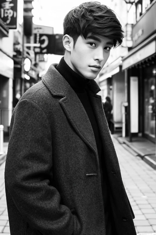 Handsome men,Upper body portrait,black-and-white,,Turning around and looking at us,Allback,japanes,Wearing a coat