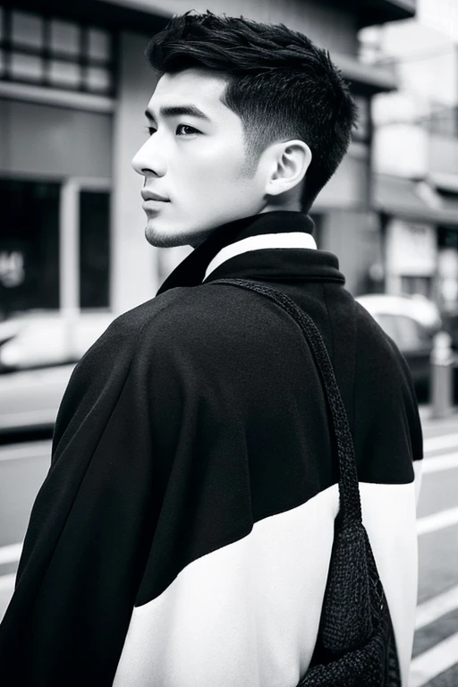 Handsome men,Upper body portrait,black-and-white,,Turning around and looking at us,Allback,japanes,Wearing a coat