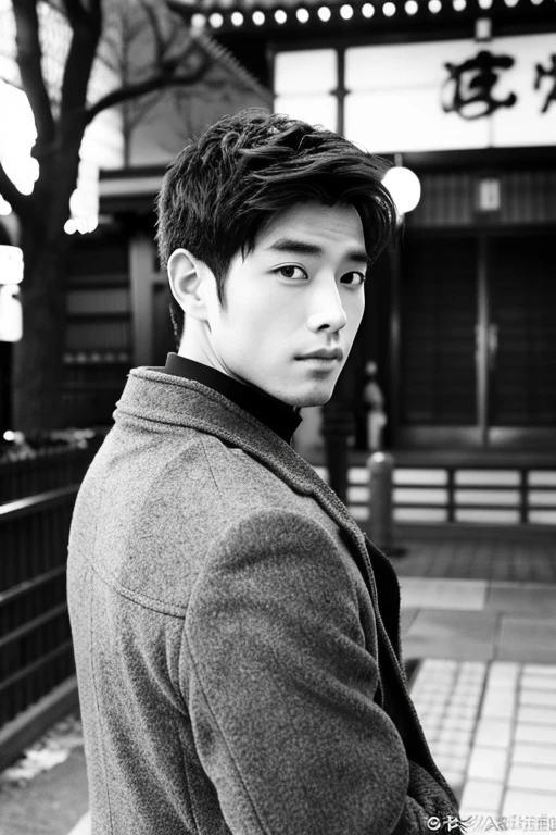 Handsome men,Upper body portrait,black-and-white,,Turning around and looking at us,Allback,Japan men,Wearing a coat
