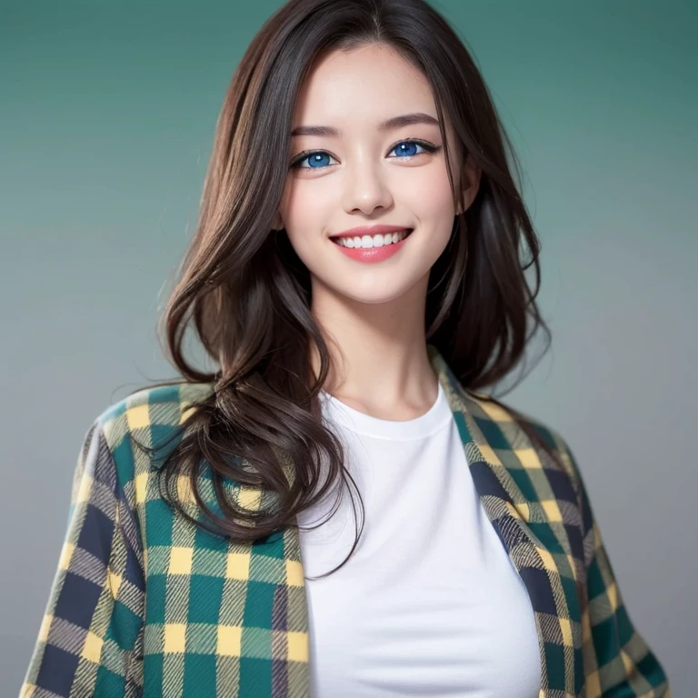 ((eBlue eyes)),Beutiful women,Long gray hair,Toothy smile,whitet-shirt,((green plaid jacket)),((blue backdrop))