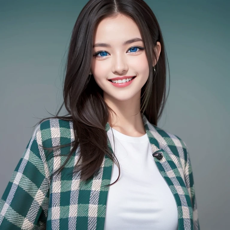 ((eBlue eyes))，Beutiful women，Long gray hair，Toothy smile，whitet-shirt，((green plaid jacket)),((blue backdrop))