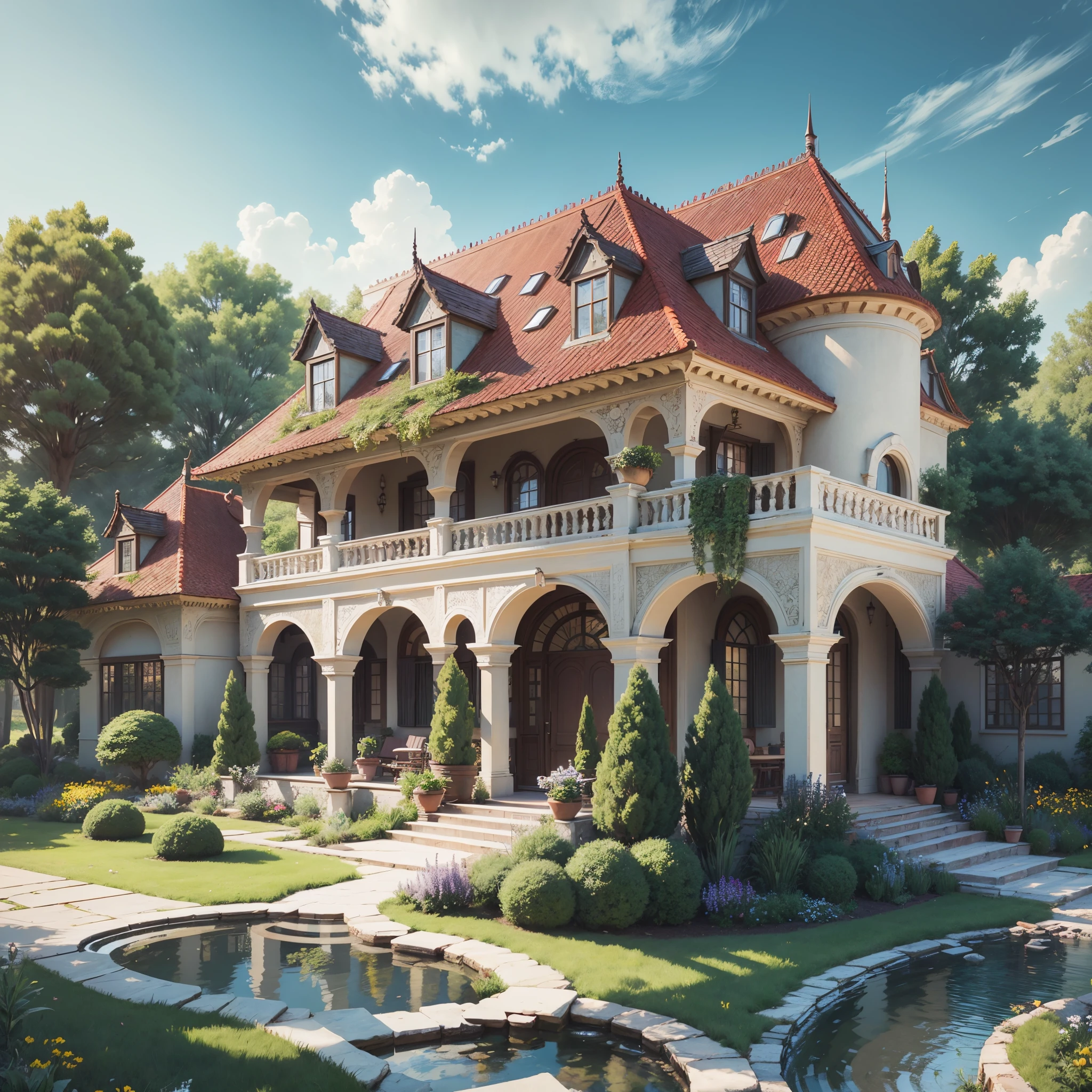 a high-detailed, realistic house with intricate architectural elements, lush garden landscape, clear skies, natural lighting, multiple textures and materials displayed, high-resolution render --auto --s2