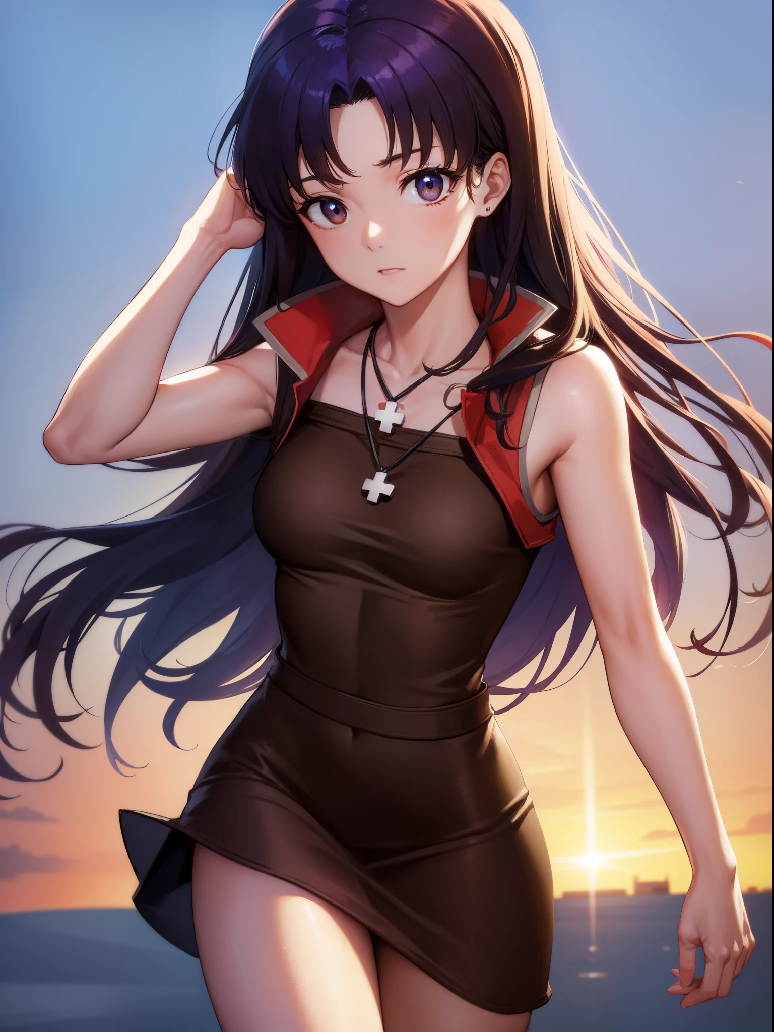 Misato katsuragi, Misato Katsuragi, Long hair, (Brown eyes:1.5), Blue hair, Purple hair,
The break has, Dress, Bare shoulders, Jewelry, Jacket, earrings, Open your clothes, Sleeveless, Necklace, Black Dress, Open jacket, Sleeveless dress, beret, Short dress, Cross, red headwear, Red jacket, Cross Necklace,
BREAK looking at viewer,
BREAK outdoors, city,
BREAK (masutepiece:1.2), Best Quality, High resolution, Unity 8k壁纸, (Illustration:0.8), (Beautiful detailed eyes:1.6), extra detailed face, Perfect Lighting, extremely details CG, (Perfect hands, Perfect Anatomy),