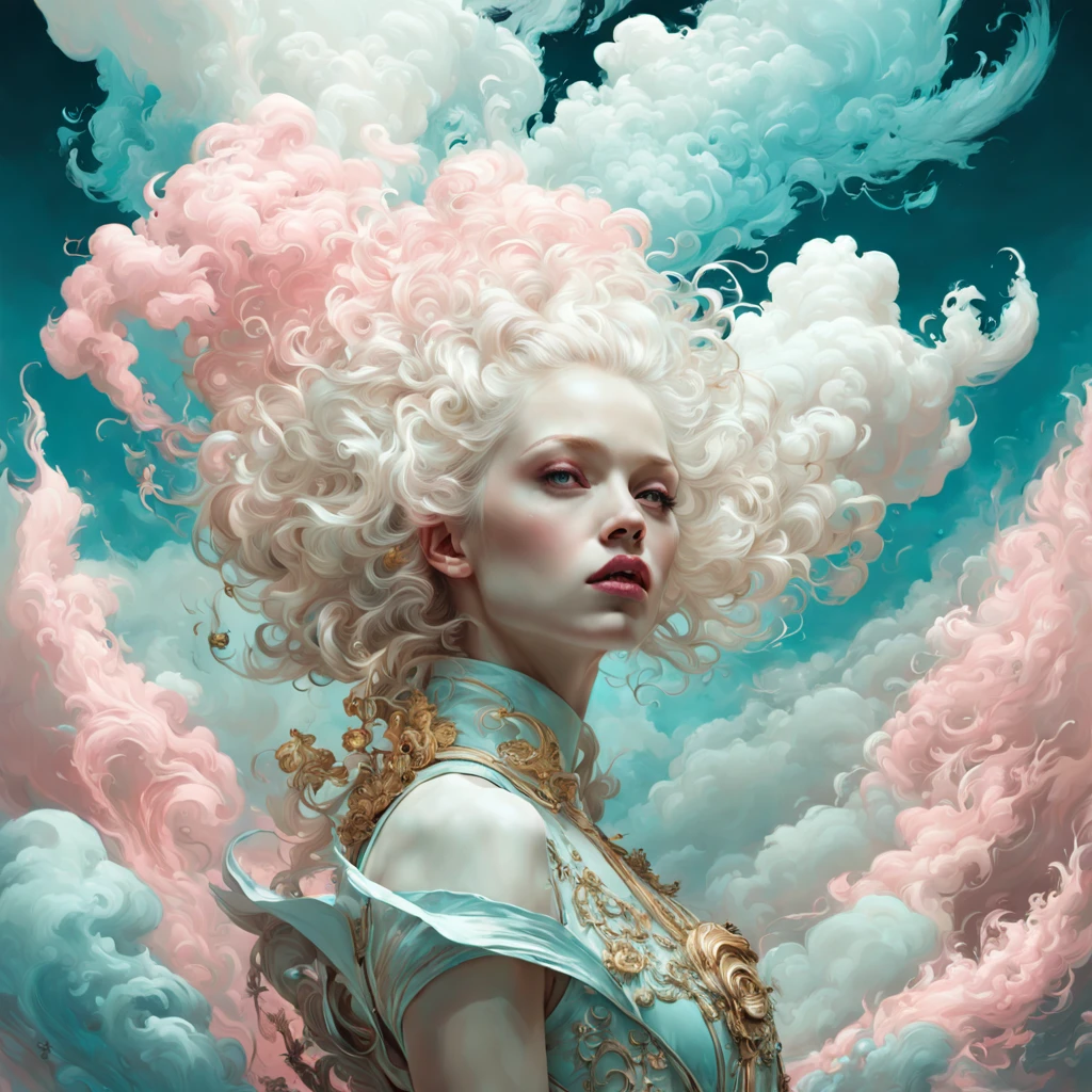 Cinematic, photorealistic of albino girl, vibrant cyan white pink colors, fantasy, warm tone, surreal, 8k resolution photorealistic masterpiece by Aaron Horkey and Jeremy Mann, professional photography, volumetric lighting maximalist photoillustration by marton bobzert, 8k resolution concept art intricately detailed, complex, elegant, expansive, fantastical, mythical clouds