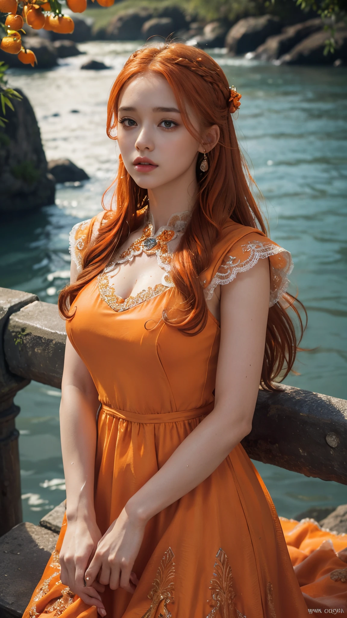 HDR 10, beautiful girl, detailed eyes, detailed lips, very long hair, orange hair, ultra detailed texture, water drops, outdoors, game of thrones, orange heavy dress, (high detailed orange dress:1.5), lace, loops, soft lighting, csitting,