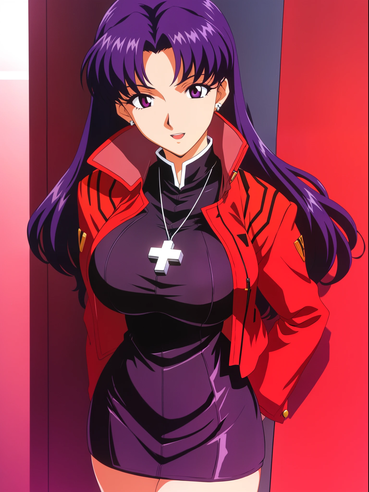 Katsuragi_Misato, Huge_breasts, Standing, Solo, Misato_Cross_Necklace, Black_Pencil_Dress_high_Collar_Red_Jacket, masutepiece, Best Quality, Detailed face, Detailed eyes, hight resolution,