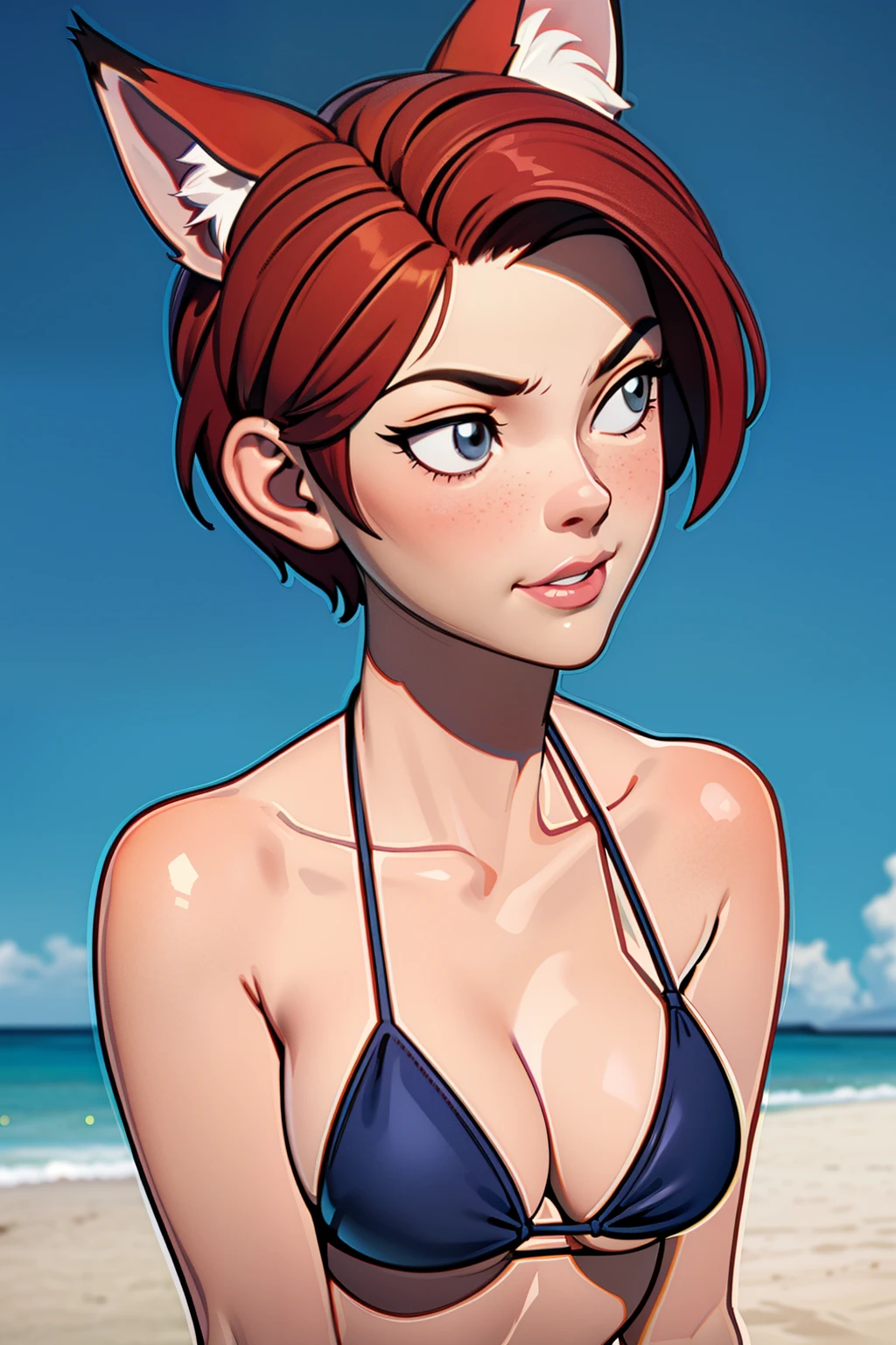 1girl, full body, ager, solo, (short pixie cut Hair, undercut red hair: 1.28), ((light gray eyes)), some small freckles, (dark fox ears: 1.35), pale skin, large breasts, cleavage, (thin hips, thin waist , athletic body: 1.25), simple background, looking away, (wearing only a bikini: 1.5), lying down in the sand, at a beach, masterpiece, best quality,3d rending work ,3DMM style, close-up, portrait, 3D,