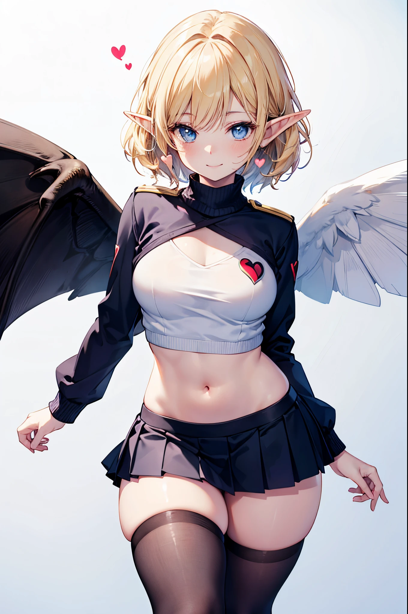 Realistic image, detailed image, 1 elf. She has sky blue eyes. She has blonde hair. with wings behind her back. She wears an oversized V-neck sweater, adorned with hearts. Pleated white miniskirt. Sneakers. Small breasts, narrow waist, wide hips and thick thighs. Arched back. Smile. White background. Uniform background. Volumetric light. Ambient light.