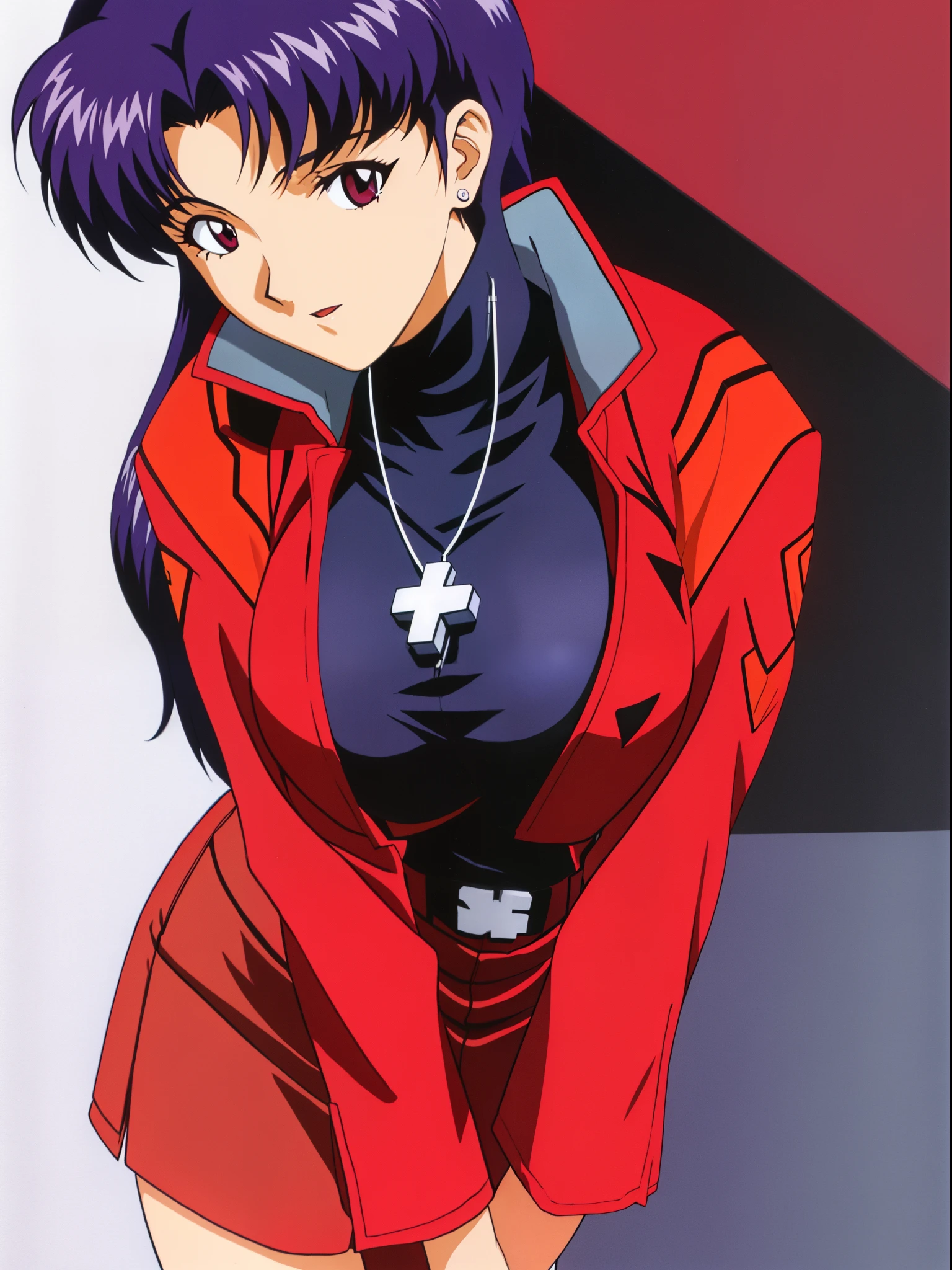 Katsuragi_Misato, Huge_breasts, Standing, Solo, Misato_Cross_Necklace, Black_turtle neck_Shirt_Red_Pencil_Skirt_Red_Jacket, masutepiece, Best Quality, Detailed face, Detailed eyes, hight resolution,