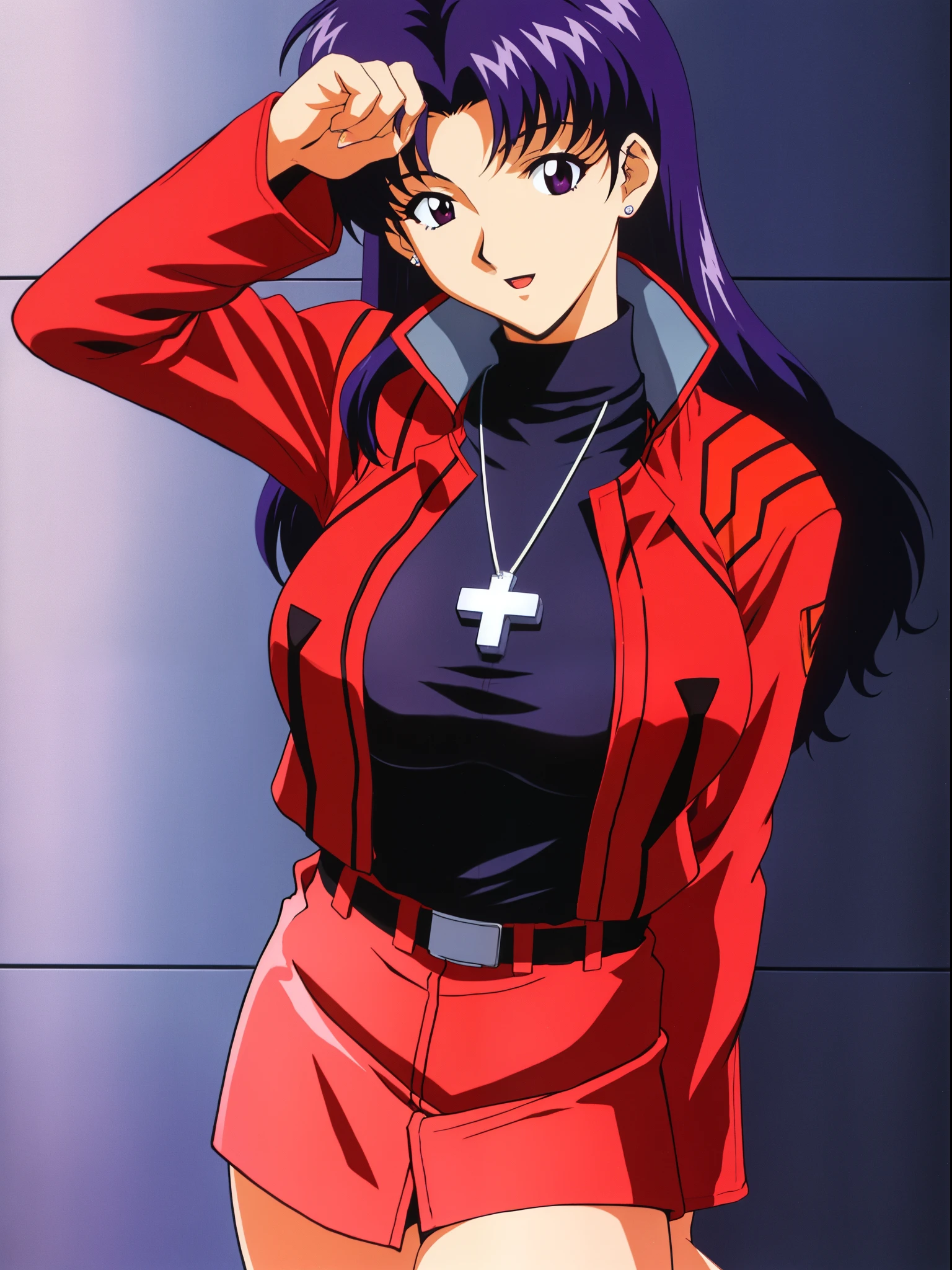 Katsuragi_Misato, Huge_breasts, Standing, Solo, Misato_Cross_Necklace, Black_turtle neck_Shirt_Red_Pencil_Skirt_Red_Jacket, masutepiece, Best Quality, Detailed face, Detailed eyes, hight resolution,