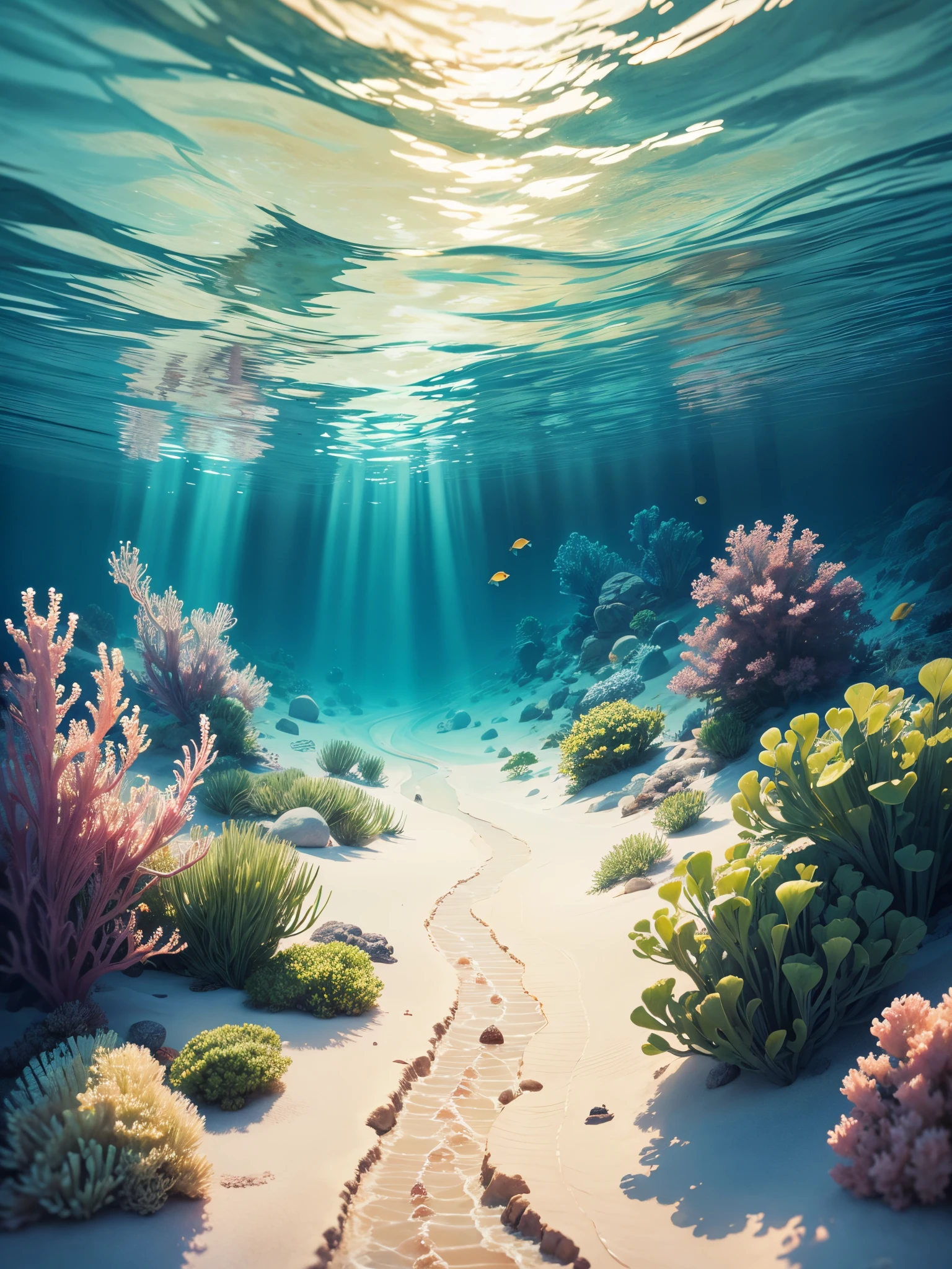 Scene picture of fish appearing on the screen,There is a road paved with white sand,Warm,dreamlike realism, watercolor painting underwater, Underwater scenery, hand painted cartoon art style, 8K high-definition, underwater landscape