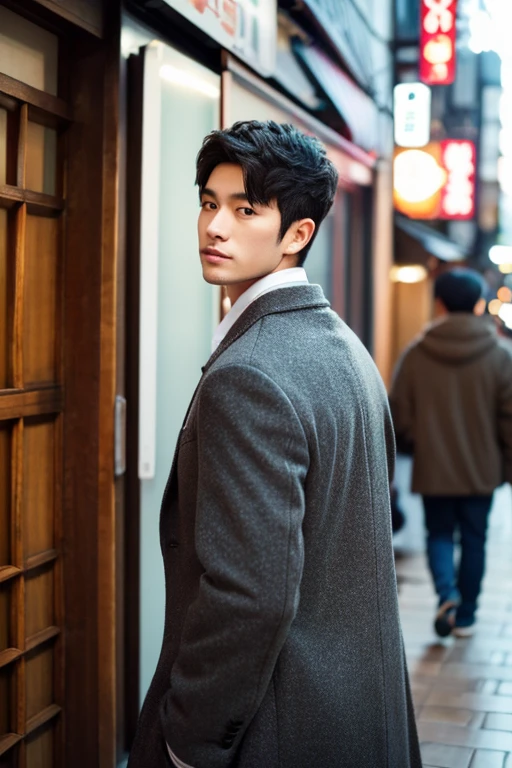 Handsome men,Upper body portrait,Turning around from the left and looking at me,Allback,Japan men,Wearing a coat
