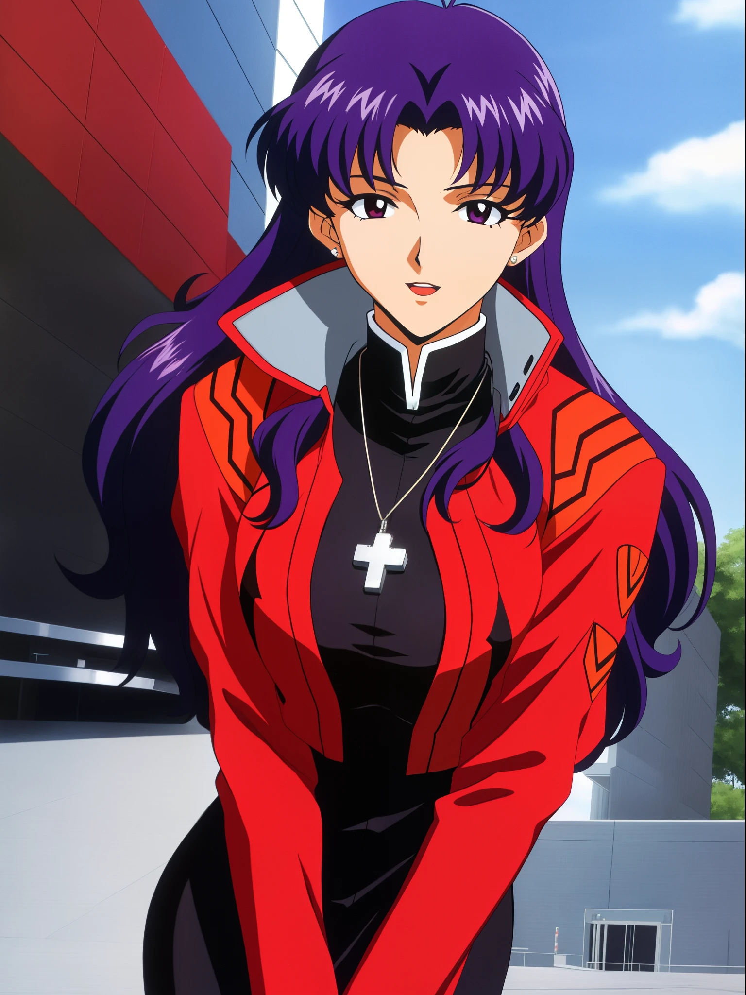 Katsuragi_Misato, Huge_breasts, Standing, Solo, Misato_Cross_Necklace, Black_Pencil_Dress_high_Collar_Red_Jacket, masutepiece, Best Quality, Detailed face, Detailed eyes, hight resolution,