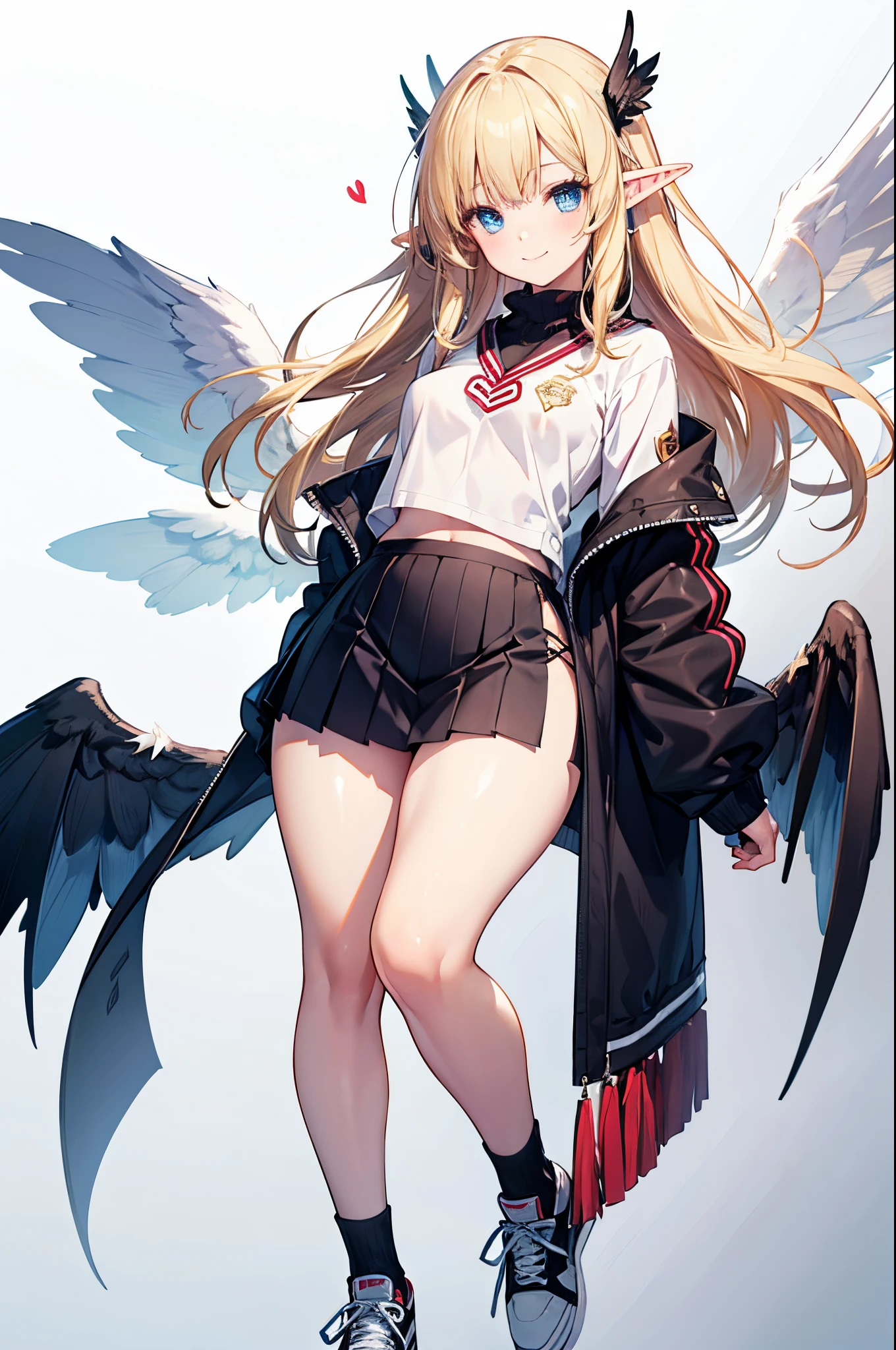 Realistic image, detailed image, 1 elf. She has sky blue eyes. She has blonde hair. with wings behind her back. She wears an oversized V-neck sweater, adorned with hearts. Pleated white miniskirt. Sneakers. Small breasts, narrow waist, wide hips and thick thighs. Arched back. Smile. White background. Uniform background. Volumetric light. Ambient light.