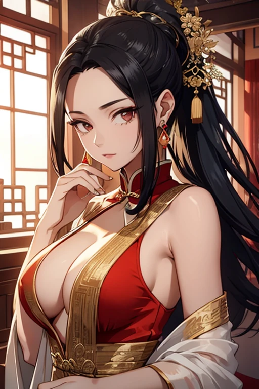 Chinese transparent silk dress, hair adornments, necklace, jewelry, Long hair, Earrings, Chinese clothes, Big boobs