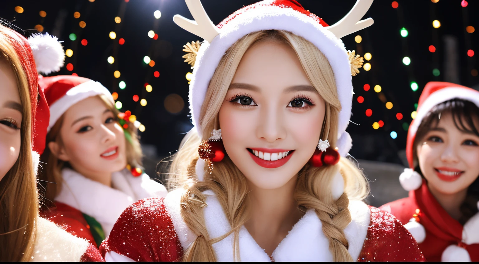 five girls，the detail, beuaty girl, Korean makeup, Redlip, A slight smil:, upper legs, White blonde hair, slim, Christmas costumes, Christmas accessories, Christmas decorations, Christmas tree, Christmas reindeer, LED lights, Everything about Christmas, Look it&#39;s snowing outside