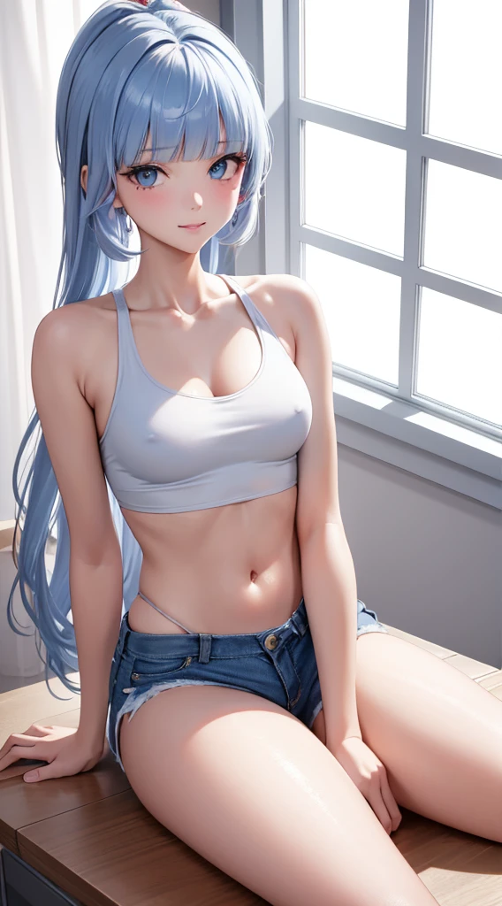 Character Details:, - Gender: 1 Girl.
- Style: Anime, - Body Type: Attractive body, slim body, nice legs, slim tights, nice arms, nice shoulders. - Breast: ((Small Breast:1,5)), Cleavage.
- Facial Features: Beautiful, Gorgeous, ager, Fresh, Young.
- Expression: Smile, Pink Blush on Face, Sexy Eyes, Sexy Look, Innocent Look, Tipsy. - Hairstyle: Blunt Bangs, Long Hair. - Hair Color: Light Blue Hair.
- Clothing: (Cream Tank Top:1,2), (Short Jeans:1,3). - Body Pose: (Sitting). - Behaviour: Waiting, Want Something, Secretly.
- Accessories: Earrings., Environmental Details:, - Setting: Office Room., - Lighting: Natural Light., - Decoration: Modern Office Desk, Chair, Window, White Curtain, City View. Top view. pov, anime style, UHD, retina, masterpiece, accurate, anatomically correct, textured
