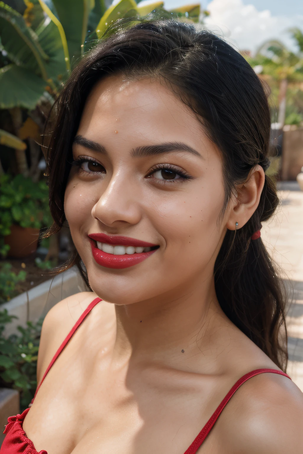 latina, black hair, fingersmile, saliva, laughing, red lips, hair pulled back, Fujicolor, UHD, masterpiece, high details, super detail, best quality