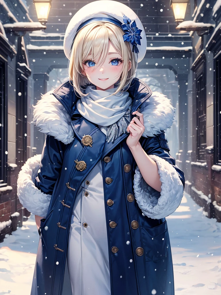 season winter, ((it's snowing in the bridge)), masterpiece, beautiful detailed grow, 1 blonde bob hair woman, blue eyes:1.4, sexsy smile, head is blue beret, tops is blue coat, enjoy walking, illumination light.