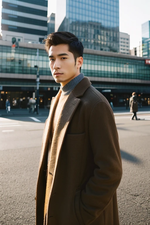 Handsome men,Upper body portrait,Turning around from the left and looking at me,Allback,Japan men,Wearing a coat,Background of buildings