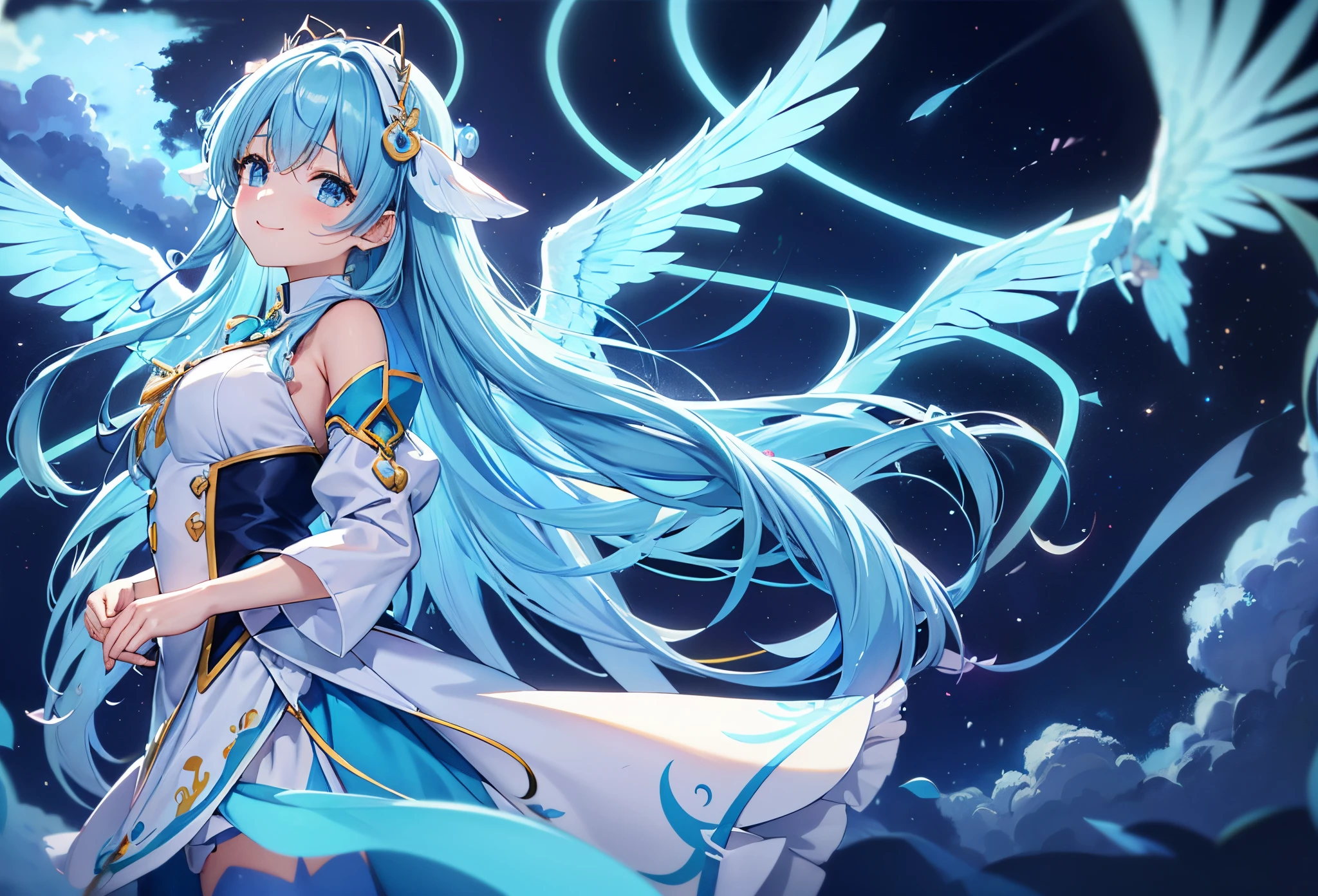 Big wings of colorful angel、Kawaii Girl、adorable smiling、Light blue long hair、Twin-tailed、Colorful angel costume((top-quality))、((masterpiece))、(ighly detailed、highestdetailed、Beautifully Aesthetic:1.2)