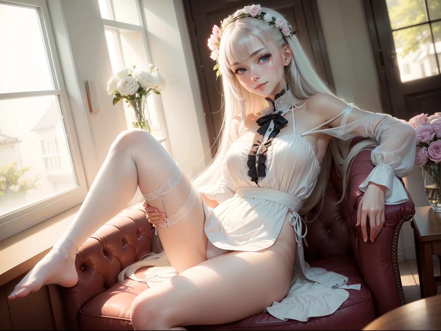 masutepiece, Superb Piece, Daytime, Indoor,sit a chair, Falling flowers, White Dress, 1 girl, A perfect woman, Woman with silver and white long hair, gray blue eyes, pale pink lips, Cold, Serious, Bang, Purple eyes, White clothes, black closing line, Delicate face, Exquisiteface, Standing Bow, tassels, Happiness knot, Smile,Relax on the sofa,open one's legs,White panty